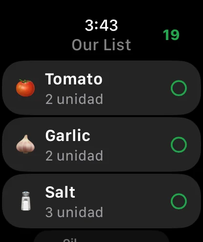 La misma lista en el Apple Watch